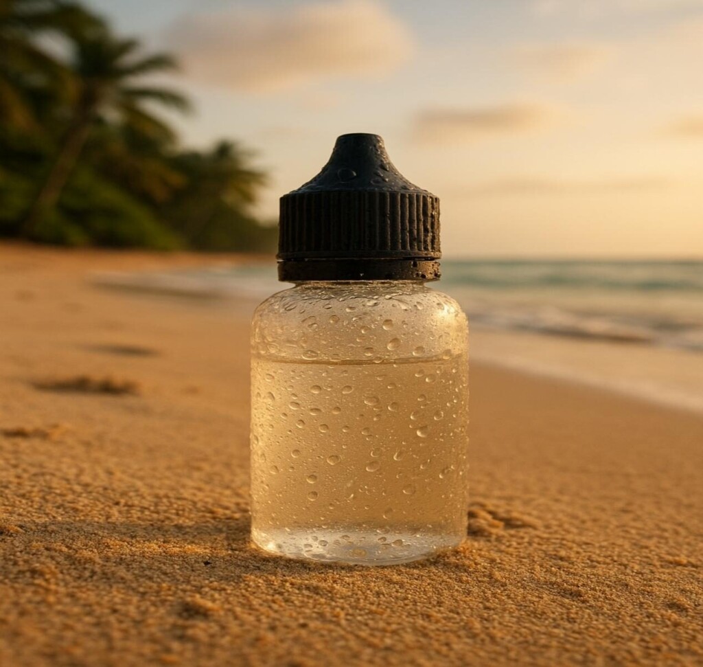 Dispositif de vape et bouteille e-liquide dans un cadre tropical humide de la forêt tropicale, symbolisant les défis de l'humidité et l'importance de la conception robuste des produits