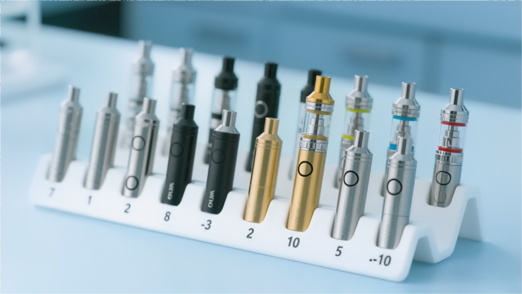Une rangée de nombreux stylos vape en argent, noir et or ou flacons électroniques sur un stand blanc numéroté en laboratoire.