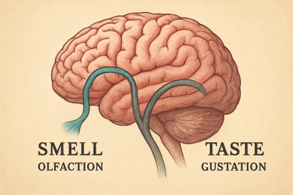 Llustración de un cerebro que muestra vías separadas para el olor y el sabor, con la vía de sabor silenciada, simbolizando la desconexión entre la percepción sensorial.
