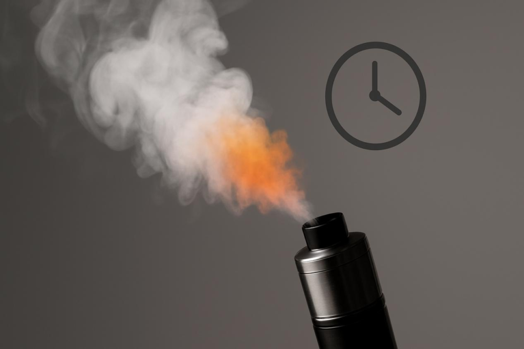 光滑的vape装置释放出蒸气云，白烟中会出现一阵充满活力的颜色，并带有微妙的时钟图标，象征着风味的延迟出现。