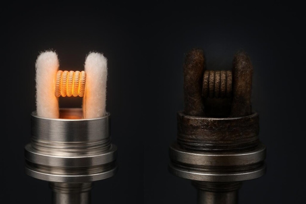 一个带有干净棉花的新型vape线圈坐在一个旧的变色线圈旁边，带有暗棉，说明了随着时间的推移的降解和降低的风味输出。