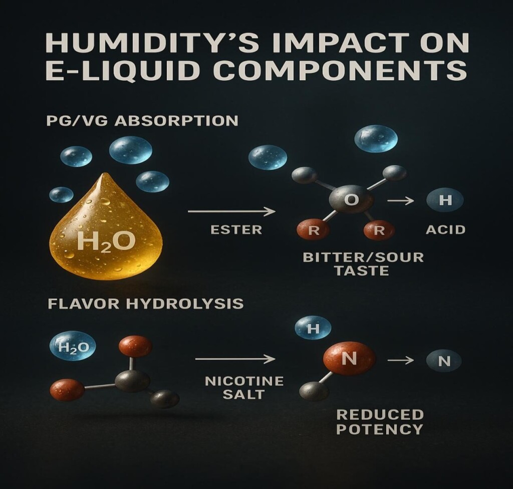 Infographie éducative montrant des effets d'humidité sur les composants e-liquides: PG / VG Absorption de l'eau, hydrolyse de l'ester de saveur provoquant un goût amer et une dégradation du sel de nicotine réduisant la puissance