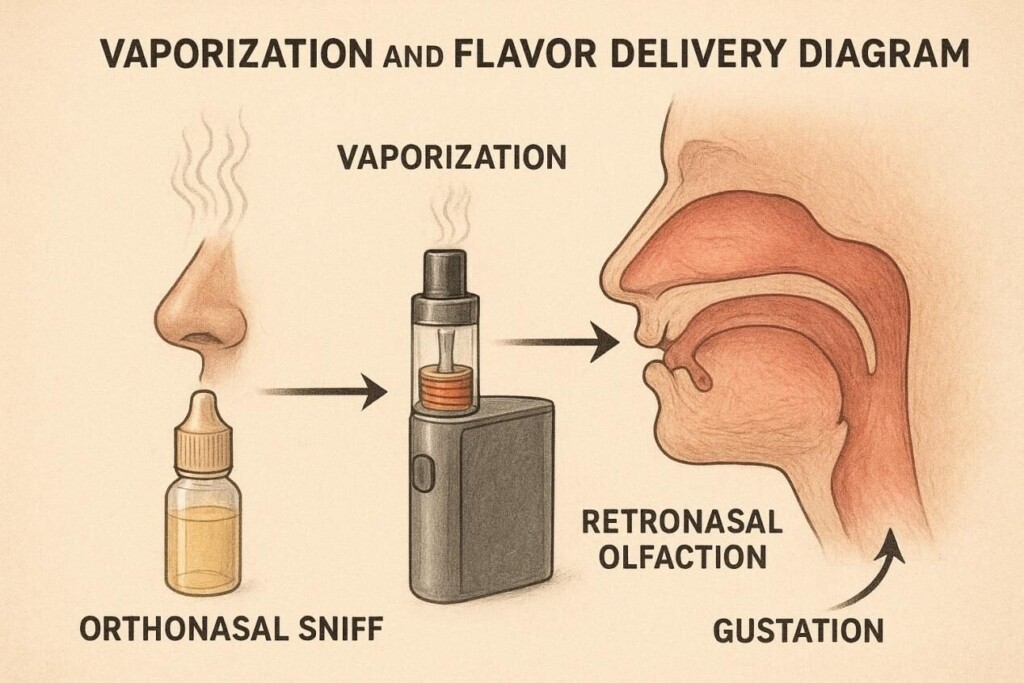 Infográfica que muestra el aroma a la botella e-líquido (olfateo ortonasal), vaporización en un dispositivo de vape, olfato retronasal y separación en la lengua, enfatizando las diferencias en la percepción del sabor.