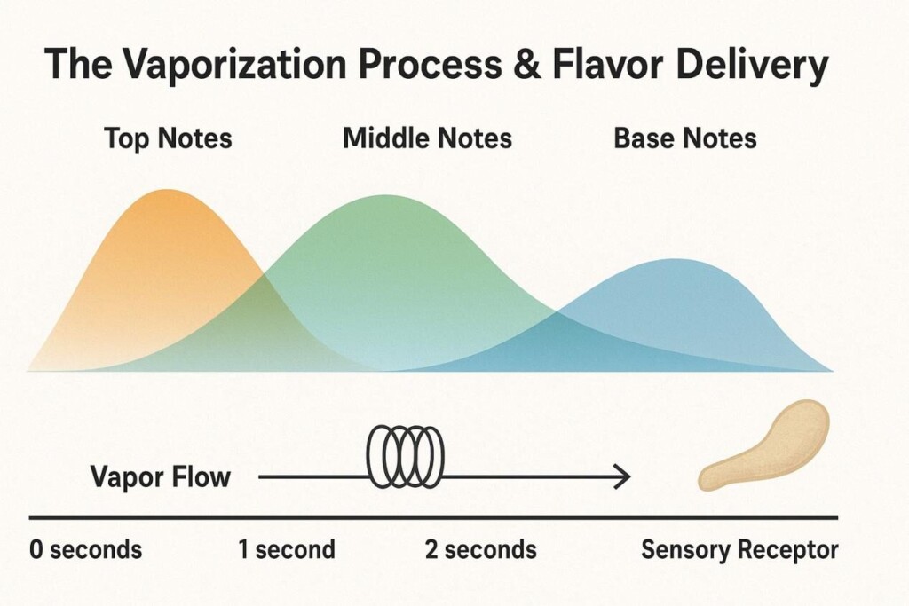 一个信息图显示了在0-3+秒的时间轴上演变的前音，中音和基本音符如何在线圈图形上方的重叠波和箭头上方变化，表明蒸气流向感觉受体。