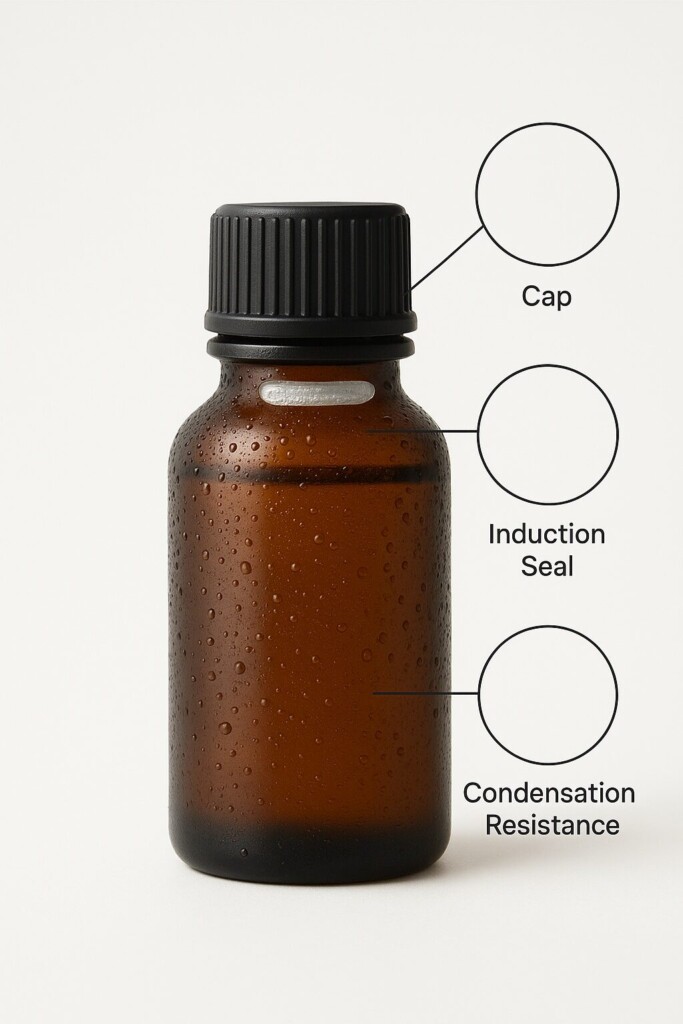 Gros plan de bouteille e-liquide scellée avec joint d'induction et capuchon de haute qualité, condensation mettant en évidence des solutions d'emballage optimales pour l'humidité tropicale