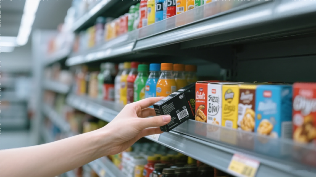 Une main atteint une petite boîte noire sur une étagère de supermarché, avec des rangées de collations et de boissons emballées en arrière-plan