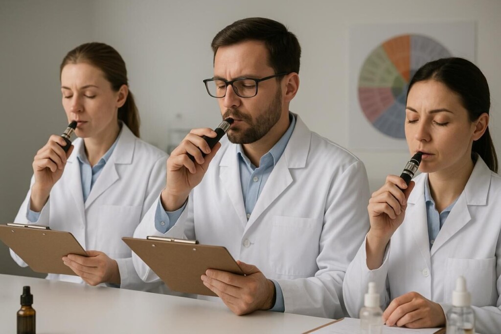 Panelistas sensoriales profesionales en un laboratorio que establece vapeo y tomando notas con portapapeles, evaluando los sabores e-líquidos con una rueda de sabor y equipos de laboratorio en el fondo.