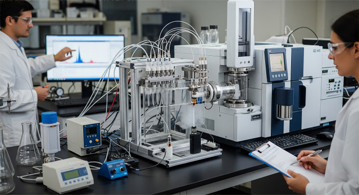 一张专业照片，显示用于蒸气分析的实验室设置。设备连接到GC-MS机器，以研究风味化合物的释放。实验室外套的研究人员正在观察这一过程，强调了科学严谨和精确。