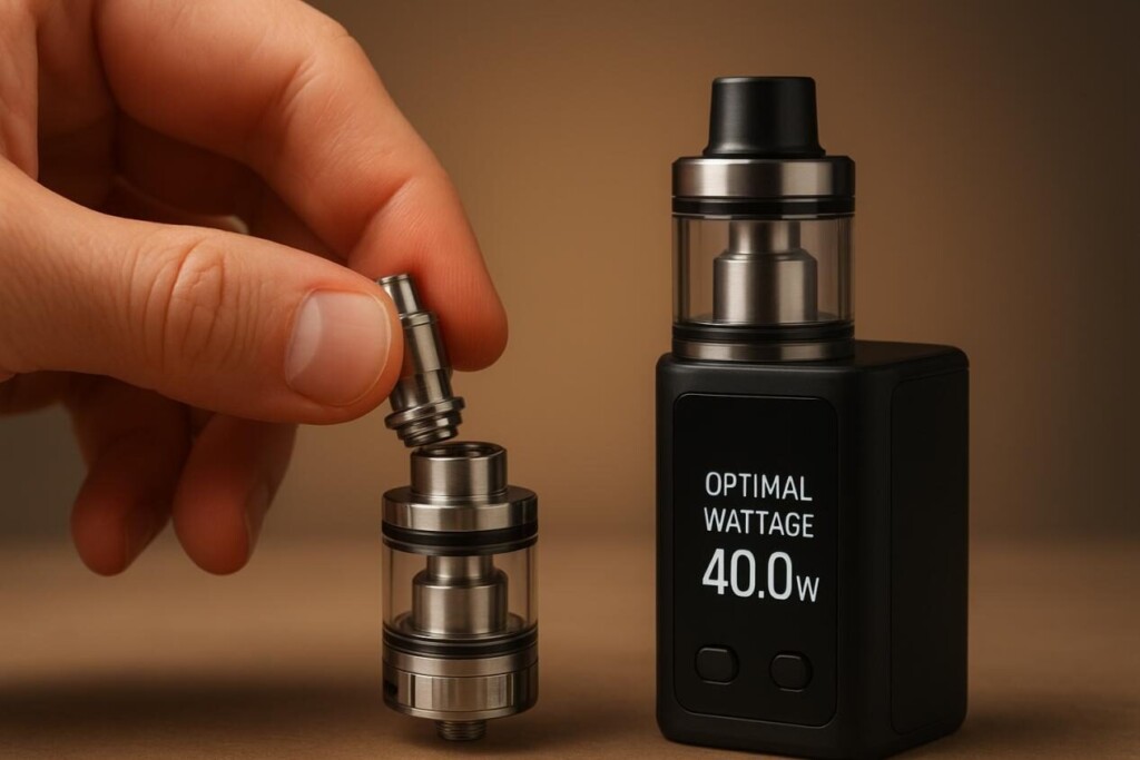 手动的特写镜头将新的vape线圈插入一个透明的储罐中，旁边显示出最佳的瓦特，象征着适当的维护和知情的蒸气实践。