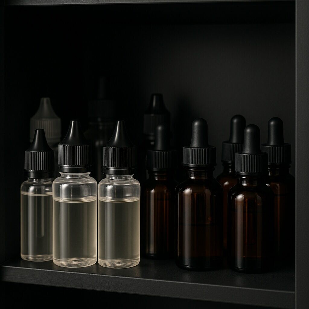 Bouteilles de e-liquide disposées des concentrés de saveur soigneusement pour les e-liquides + saveurs e-liquides saveurs cuiguai