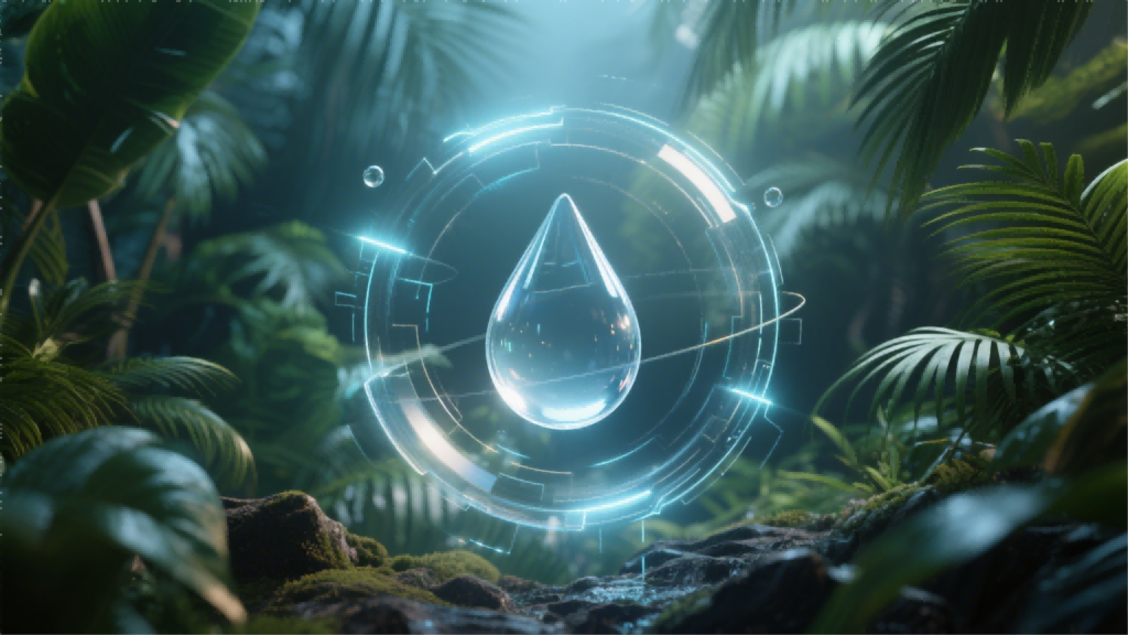 Image abstraite d'une gouttelete e-liquide claire protégée par un champ de force invisible dans le feuillage tropical luxuriant, symbolisant l'intégrité des produits contre les défis environnementaux