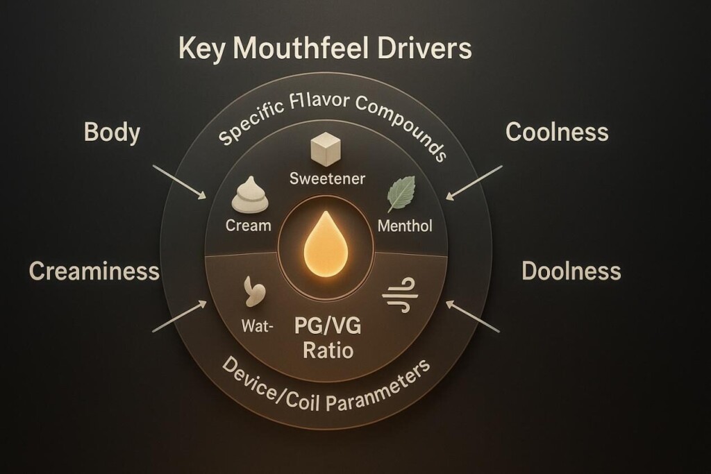 Una infografía circular que muestra la relación PG/VG en el centro, rodeada de compuestos de sabor como crema, edulcorante y mentol, y parámetros de dispositivos/bobinas, como potencia y flujo de aire, todos combinados para producir sensaciones de sensación en boca como el cuerpo, la cremosidad, la frescura y el golpe de la garganta.