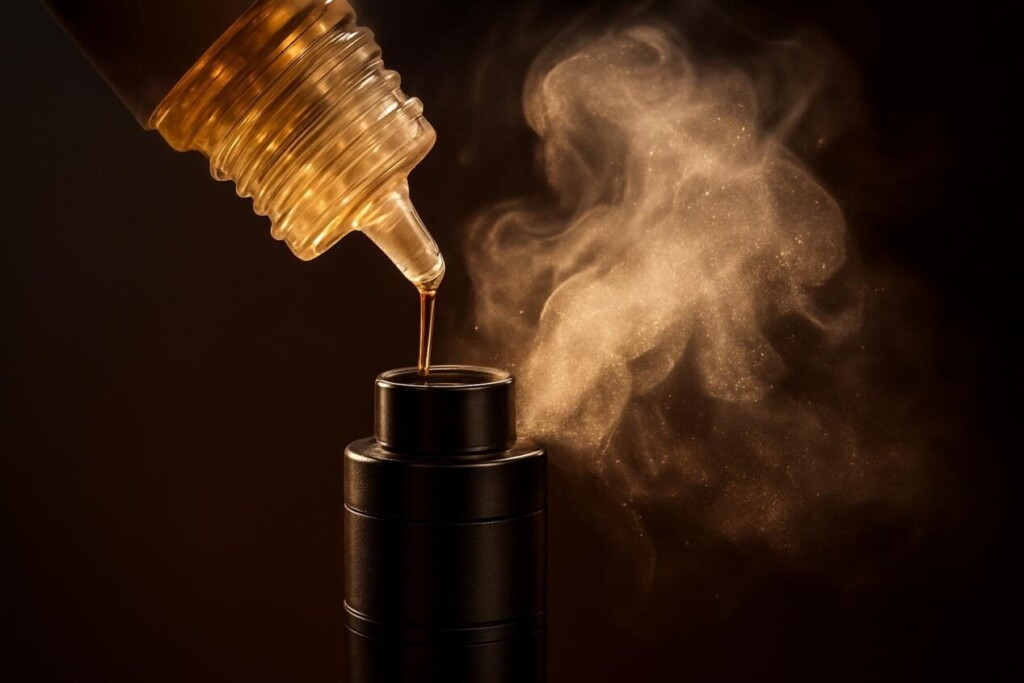 Un primer plano profesional que muestra el líquido e-líquido dorado en un dispositivo de vape, con un relevante vapor aumentando, simbolizando la riqueza, el lujo y la textura tangible de la sensación de boca mejorada.