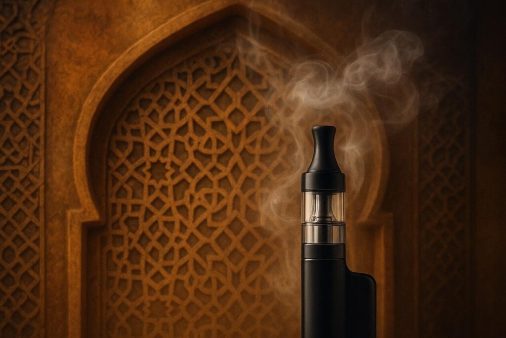 Un elegante dispositivo de vape negro con vapor creciente establecido en un telón de fondo de intrincados patrones geométricos y arcos geométricos del Medio Oriente, combinando la tradición con el diseño moderno.