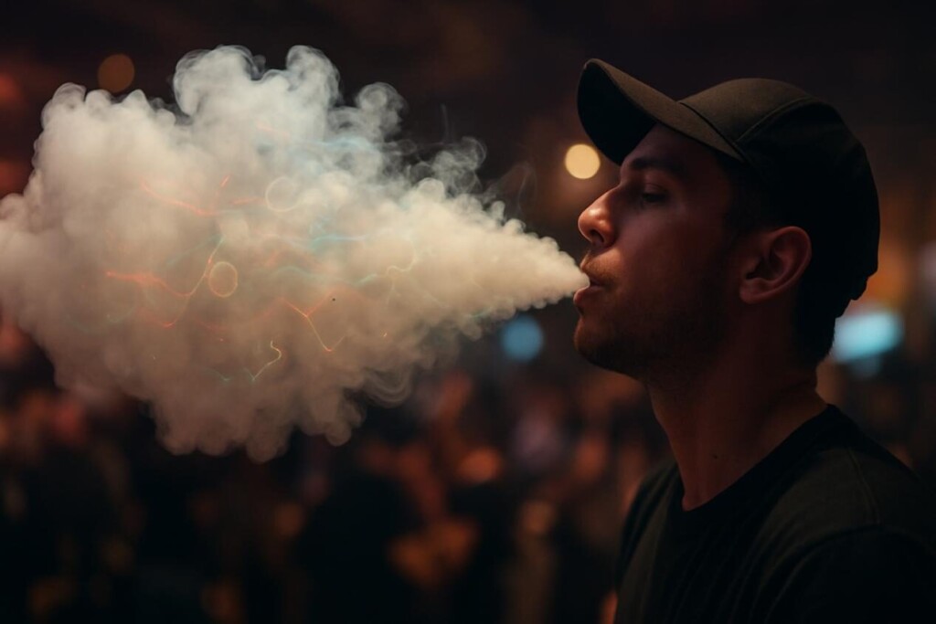 Una escena realista de una densa nube de vapor que se exhala en un evento de vapeo, con senderos de color abstracto y símbolos moleculares dentro de la nube que simboliza la difusión de sabor rápido.