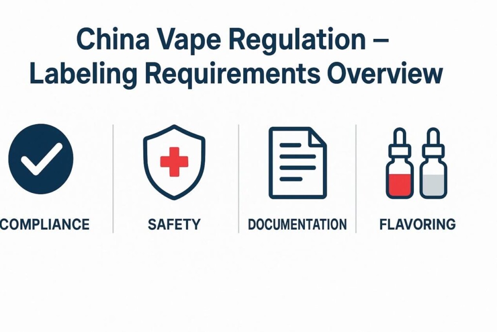 Infográfica que muestra los requisitos de etiquetado de vape de China con íconos para el cumplimiento (marca de verificación), seguridad (escudo con la Cruz Roja), documentación (hoja de papel) y saborizantes (dos botellas de vape de líquido).