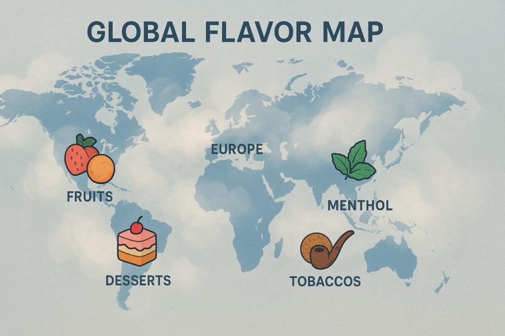 Infographie par carte du monde stylisée mettant en évidence le Japon, le Texas, l'Europe et le Moyen-Orient avec des nuages ​​et des icônes de vapeur pour les fruits, desserts, les tabacs et le menthol, dans les couleurs des entreprises douces.
