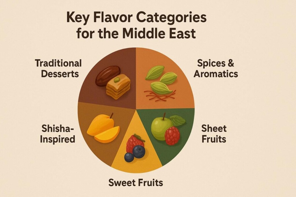 Una infografía estilizada de gráfico circular que muestra grupos de sabores del Medio Oriente: postres tradicionales (fechas, baklava), especias y aromáticos (cardamomo, azafrán), shisha-inspirados (manzana doble, menta de uva) y frutas dulces (mango, ferries mixtas), cada una ilustrada con íconos realistas.