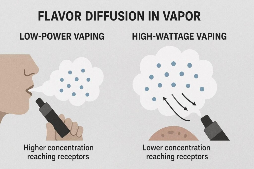 Infográfica educativa comparando vapeo de baja potencia y alta potencia. A la izquierda, el vapeo de baja potencia muestra una nube de vapor más pequeña con moléculas de sabor agrupadas, lo que lleva a receptores de alcance de mayor concentración. A la derecha, el vapeo de alta vatición produce una nube de vapor mucho más grande con el mismo número de moléculas de sabor extendidas más separadas, que se muestran con flechas que indican difusión rápida, lo que resulta en receptores de alcance de mayor concentración.