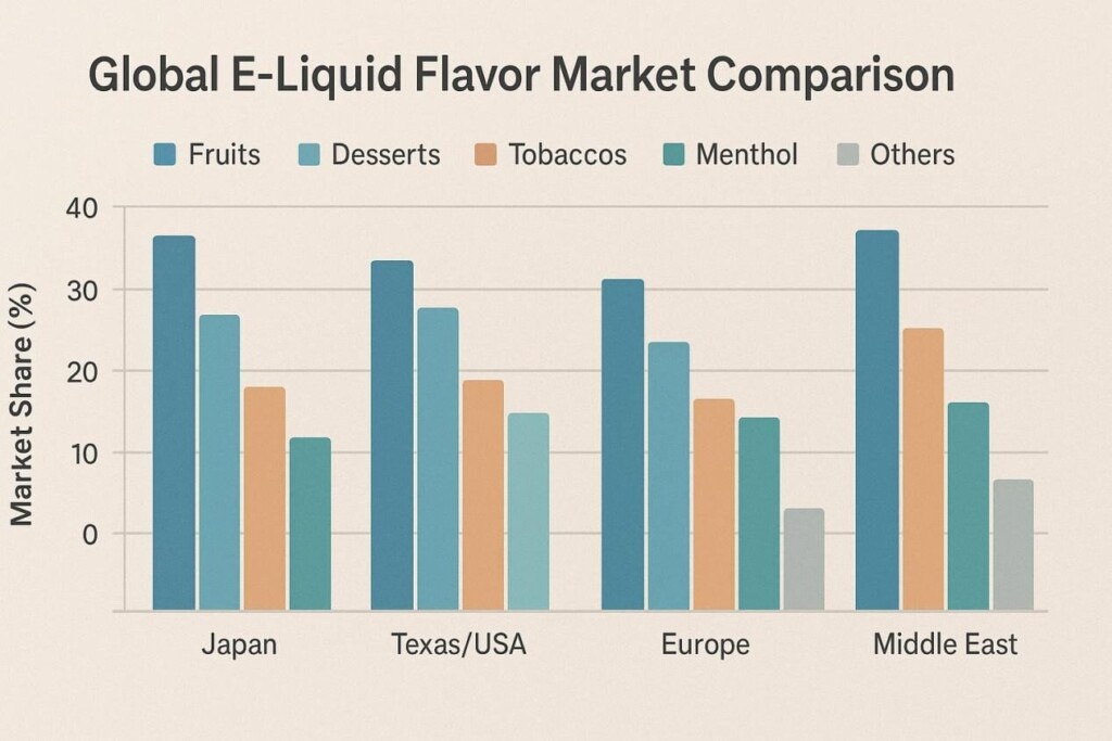 Tableau de bar comparatif dans le style infographique d'entreprise montrant les cinq principales catégories de saveurs e-liquides (fruits, desserts, tabacs, menthol, autres) par région - Japon, Texas / États-Unis, Europe et le Moyen-Orient - avec des parts de marché pour pourcentage basées sur des données d'échantillons.