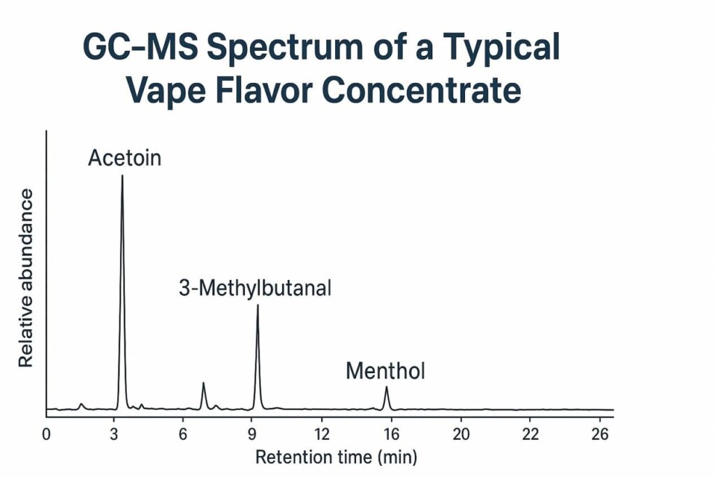 Gráfico de espectro GC-MS de un concentrado típico de sabor a vape, que muestra picos para acetoína, 3-metilbutanal y mentol con tiempo de retención en el eje X y la abundancia relativa en el eje y.