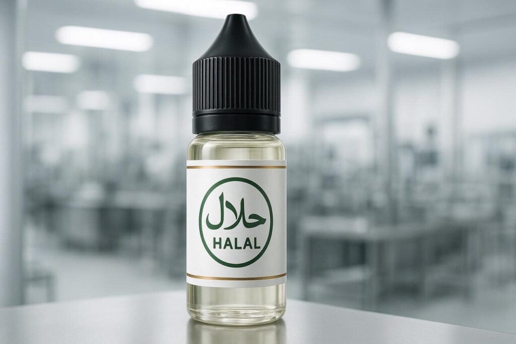 Una botella e-líquido de alta calidad con un prominente logotipo de certificación Halal en la etiqueta, colocada frente a un fondo de instalación de fabricación moderna y borrosa, simbolizando la confianza, el cumplimiento y la calidad premium.