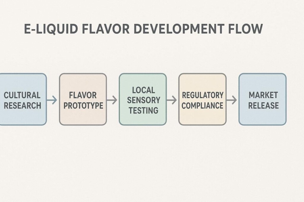 Organigramme dans les couleurs de l'entreprise mous montrant cinq étapes du développement de produits: recherche culturelle, prototype de saveur, tests sensoriels locaux, conformité réglementaire et libération du marché, connectés par des flèches en séquence, style infographique.