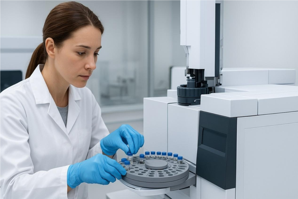 实验室技术人员在GC – MS设备上分析电子液体风味样品以获取认证证据。