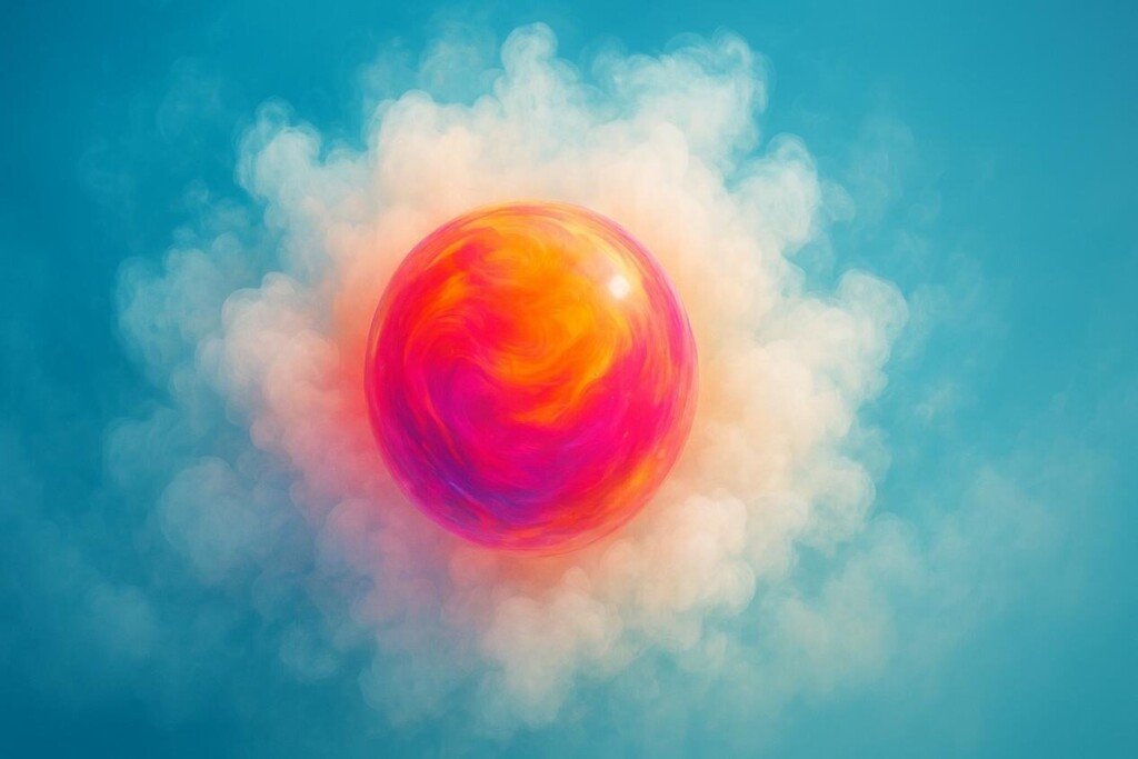 Imagen artística abstracta que muestra una vibrante orbe brillante de los tonos rojos, naranja y rosados ​​que contienen una nube de vapor grande y suave de tonos azules, amarillos y blancos. La escena simboliza la precisión, la innovación y la entrega exitosa de sabor en el vapeo.