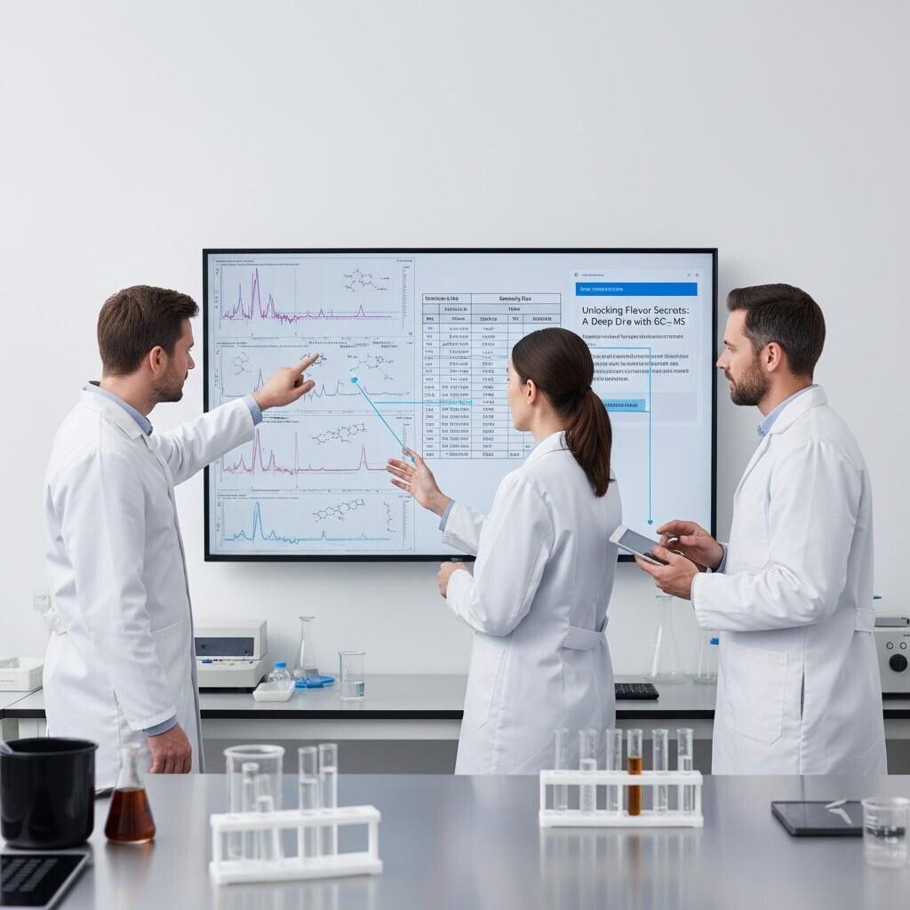Une équipe interfonctionnelle, comprenant des professionnels de la R&D, de l'assurance qualité et du marketing, examine un grand moniteur affichant des chromatogrammes GC-MS, un plan d'échantillonnage et un brouillon de blog. Cette image relie visuellement la science de laboratoire à la production de contenu, mettant en évidence la collaboration dans l'industrie alimentaire pour traduire les données scientifiques en informations prêtes à être commercialisées.