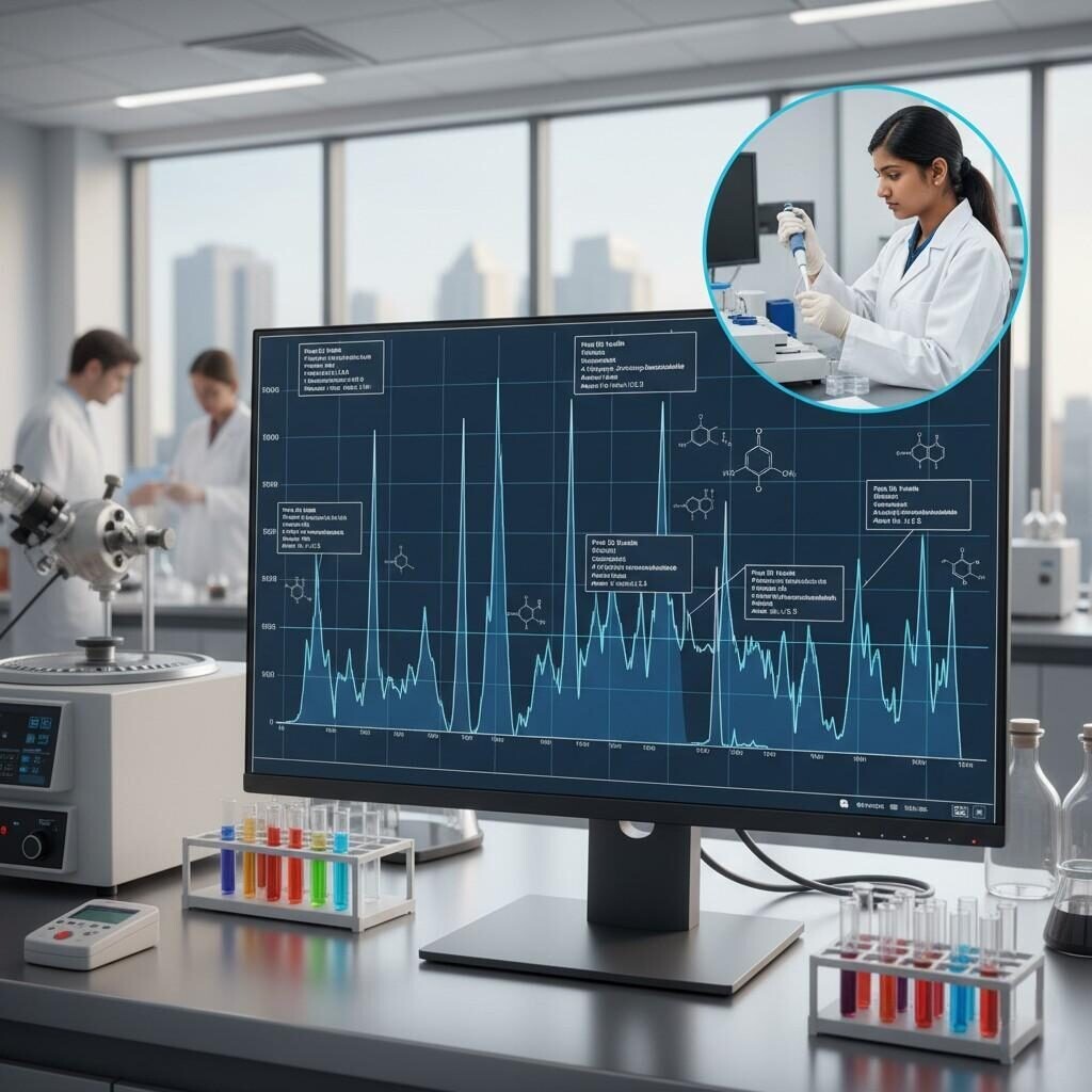 Cette image haute résolution présente un chromatogramme GC-MS annoté avec des identifiants de pic et des indices de rétention détaillés, présentant une identification précise des composés aromatiques. Une photo en médaillon montre un analyste de laboratoire préparant méticuleusement des échantillons, reliant visuellement la science analytique avancée au travail pratique en laboratoire. Parfait pour les blogs sur la science alimentaire, la chimie analytique et le contrôle qualité.