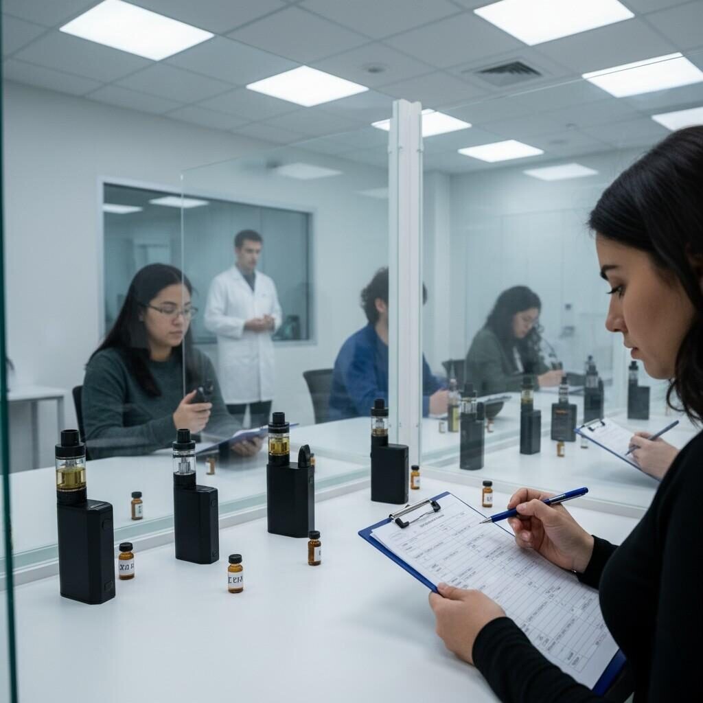 Un panel sensoriel interfonctionnel effectue des évaluations méticuleuses dans une salle contrôlée, testant des échantillons d'e-liquides sur divers appareils avec des feuilles de notation structurées, cruciales pour valider l'identité et la cohérence des saveurs.