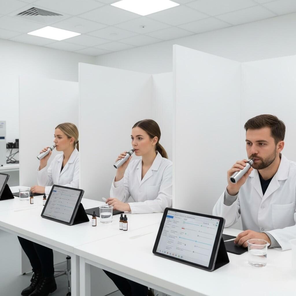 Un panel sensoriel teste méticuleusement des échantillons d'e-liquides dans une salle de dégustation contrôlée, en utilisant des appareils et des tablettes standardisés pour capturer des commentaires structurés. Cette image est idéale pour les blogs traitant du développement de produits, des méthodologies d'évaluation sensorielle et de l'assurance qualité dans le secteur des e-liquides ou des arômes connexes.
