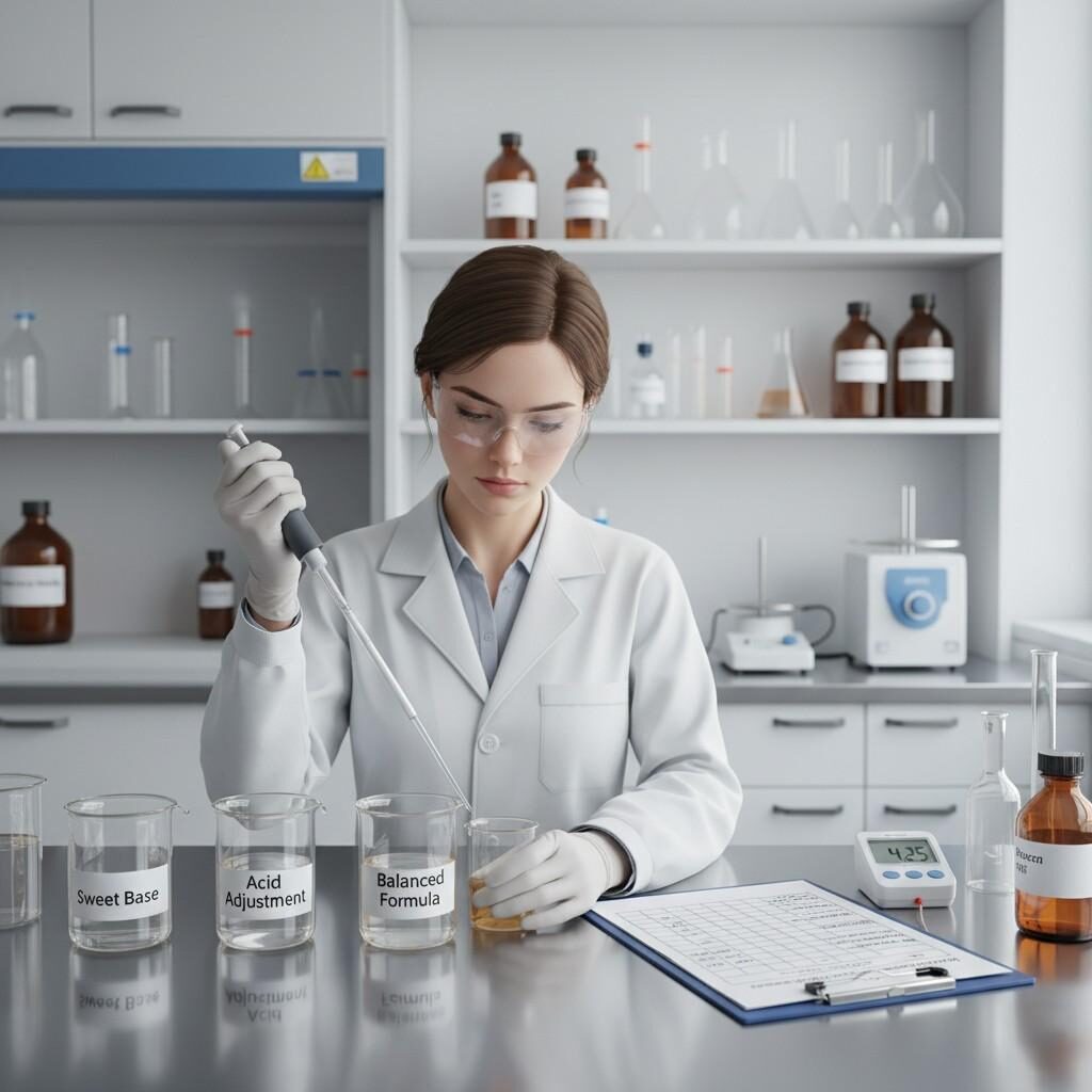 Иллюстрация, изображающая лаборанта, тщательно тестирующего составы жидкостей для электронных сигарет в чистой научно-исследовательской лаборатории. На изображении показан процесс балансировки сладких и кислых компонентов с помощью маркированных стаканов, лабораторных инструментов и таблицы сенсорной оценки, демонстрирующей точность, необходимую для создания оптимальных вкусов вейпа.