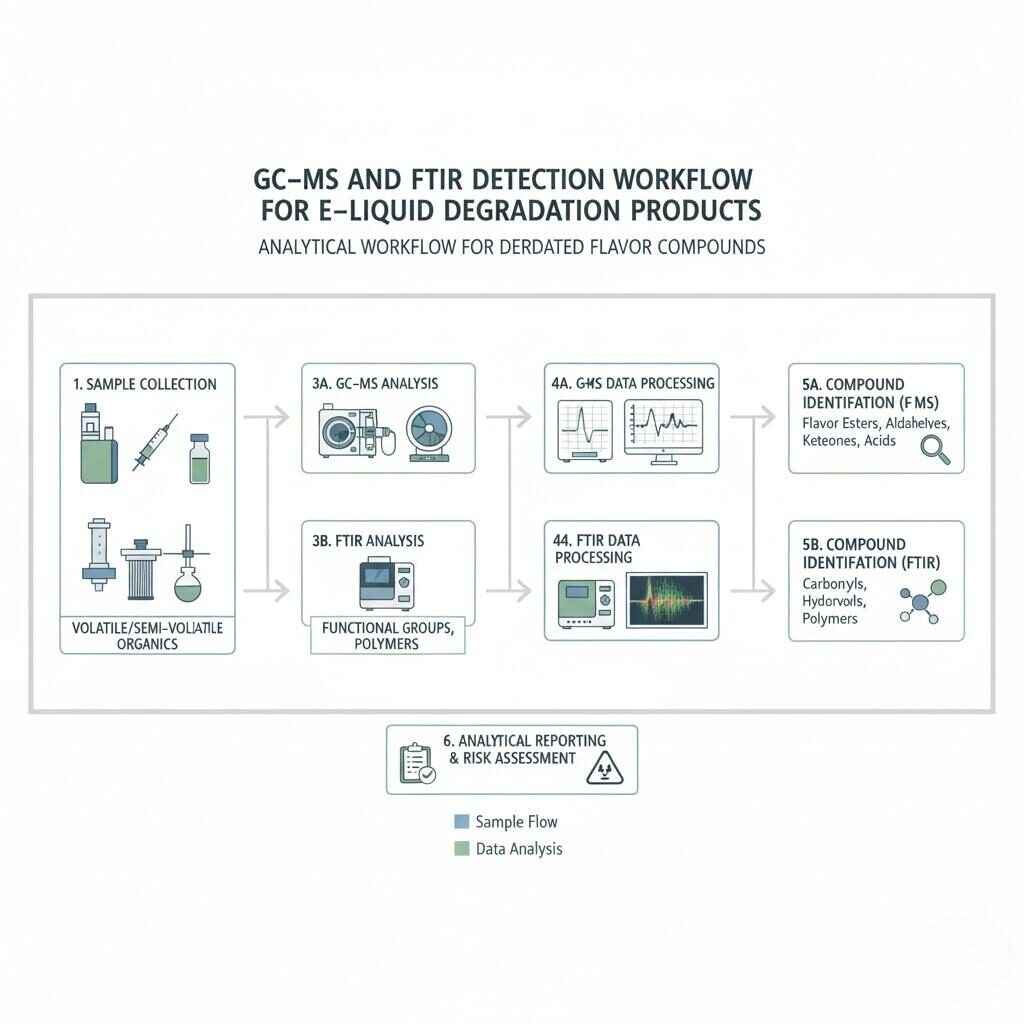Схема, иллюстрирующая аналитический рабочий процесс для обнаружения деградированных ароматических соединений в жидкостях для электронных сигарет с использованием передовых методов, таких как газовая хроматография-масс-спектрометрия (ГХ-МС) и инфракрасная спектроскопия с преобразованием Фурье (FTIR), с описанием этапов от сбора образцов до идентификации соединений и оценки риска.