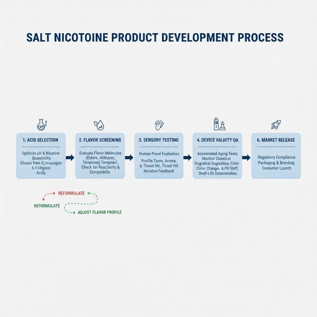 Un diagrama de flujo completo que detalla el proceso de desarrollo de productos de extremo a extremo para líquidos electrónicos con sal de nicotina, desde la selección inicial de ácidos y la detección de sabores hasta las pruebas sensoriales, la validación del dispositivo, el control de calidad de la estabilidad y el lanzamiento final al mercado.
