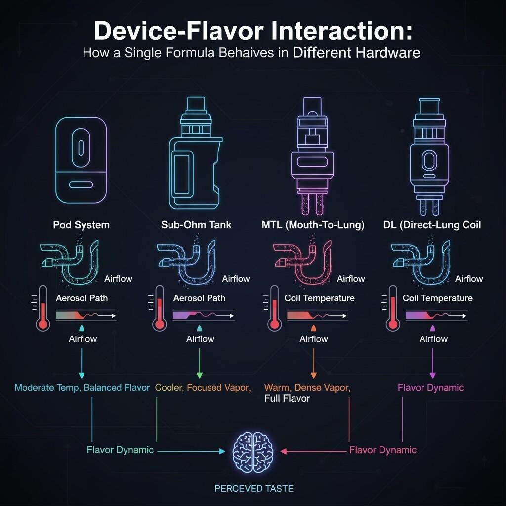 A conceptual diagram illustrating "Device-Flavor Interaction" by showing how a single e-liquid formula behaves differently across various hardware types—including pod systems, sub-ohm tanks, MTL coils, and DL coils. The diagram highlights how factors like airflow, coil temperature, and aerosol path significantly impact flavor dynamics and the ultimate perceived taste, demonstrating the complexity of the vaping experience.