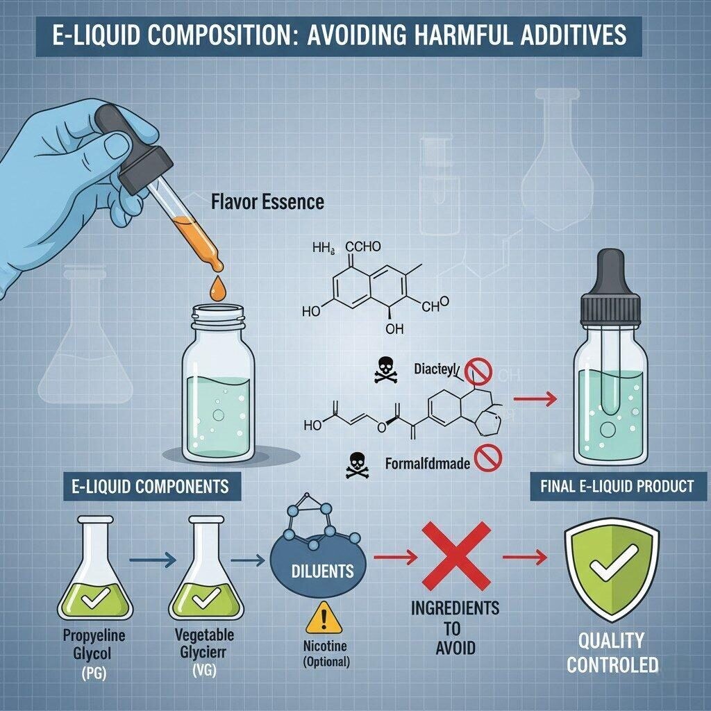 This detailed infographic illustrates the key components of e-liquid and highlights harmful additives like diacetyl and formaldehyde that should be avoided. Learn about safe e-liquid composition and quality control for a better vaping experience.