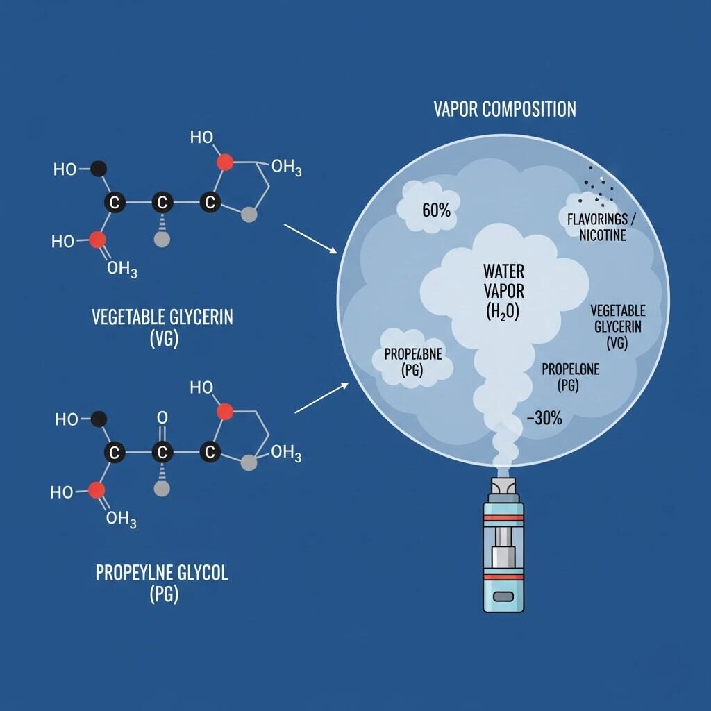 An educational illustration detailing the molecular structures of Vegetable Glycerin (VG) and Propylene Glycol (PG), alongside a diagram explaining the typical vapor composition of an e-liquid, including water vapor, VG, PG, flavorings, and nicotine.