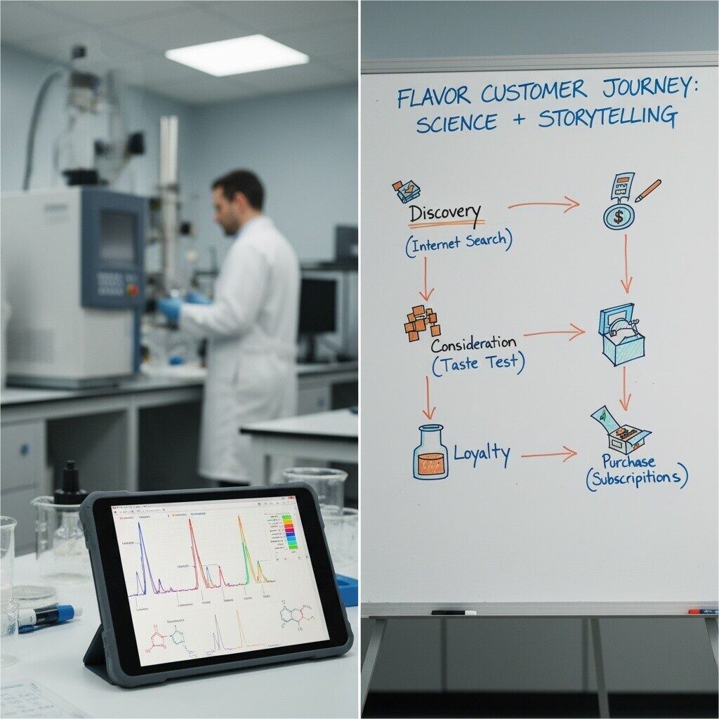 A compelling composite hero image illustrating the synergy between scientific precision and consumer understanding in flavor development. It features a lab bench with a GC-MS instrument, an annotated chromatogram on a tablet, and a whiteboard sketching a customer journey, symbolizing the integration of science and storytelling to create market-leading flavors.