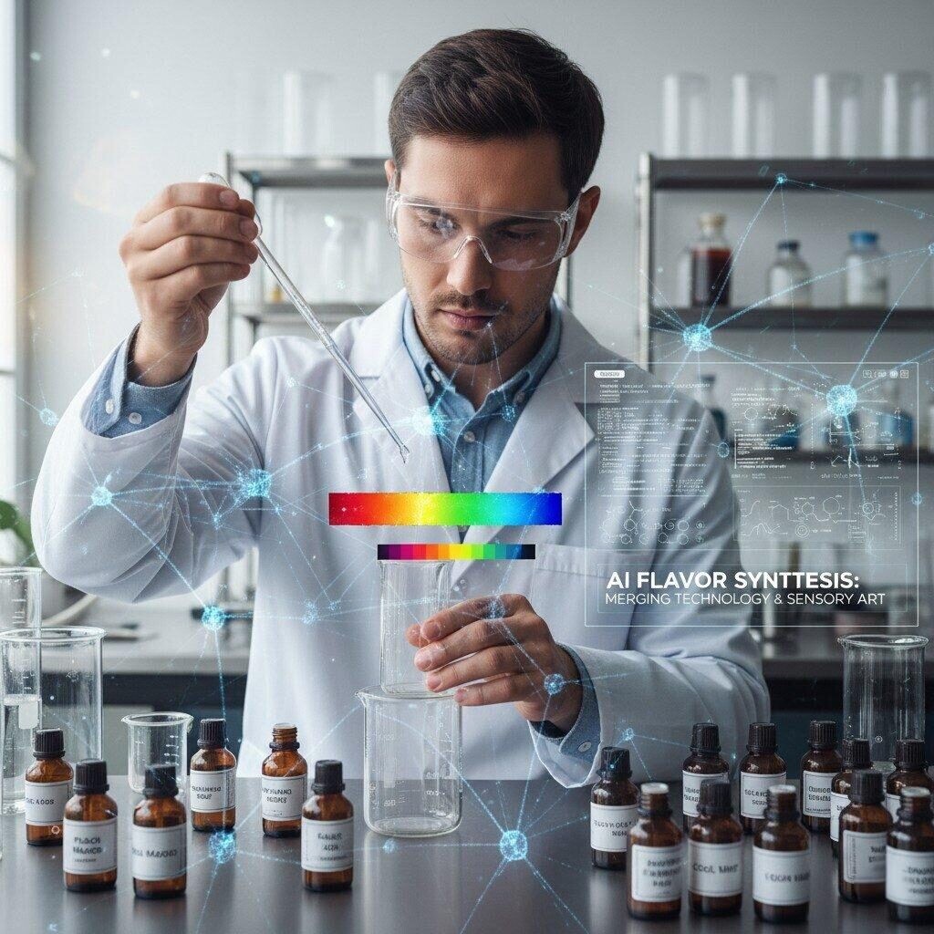Explore the cutting edge of e-cigarette flavor creation with this image depicting AI data flow integrated into a perfumer's lab. Witness the symbolic merger of technology and sensory art, showcasing a perfumer crafting flavors amidst digital networks, flavor bottles, a color spectrum, and an AI graphical interface. Discover how artificial intelligence is revolutionizing the art and science of flavor synthesis.