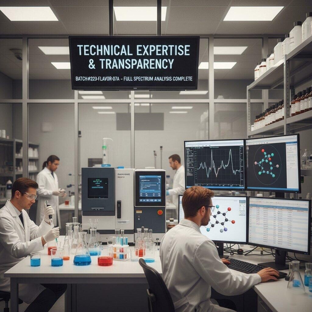 A realistic photo of an advanced e-liquid flavor laboratory, showcasing chemists meticulously working on aroma compounds with data screens displaying molecular structures and chromatography results. This image symbolizes the scientific rigor and transparency central to building trust in e-liquid flavor manufacturing.