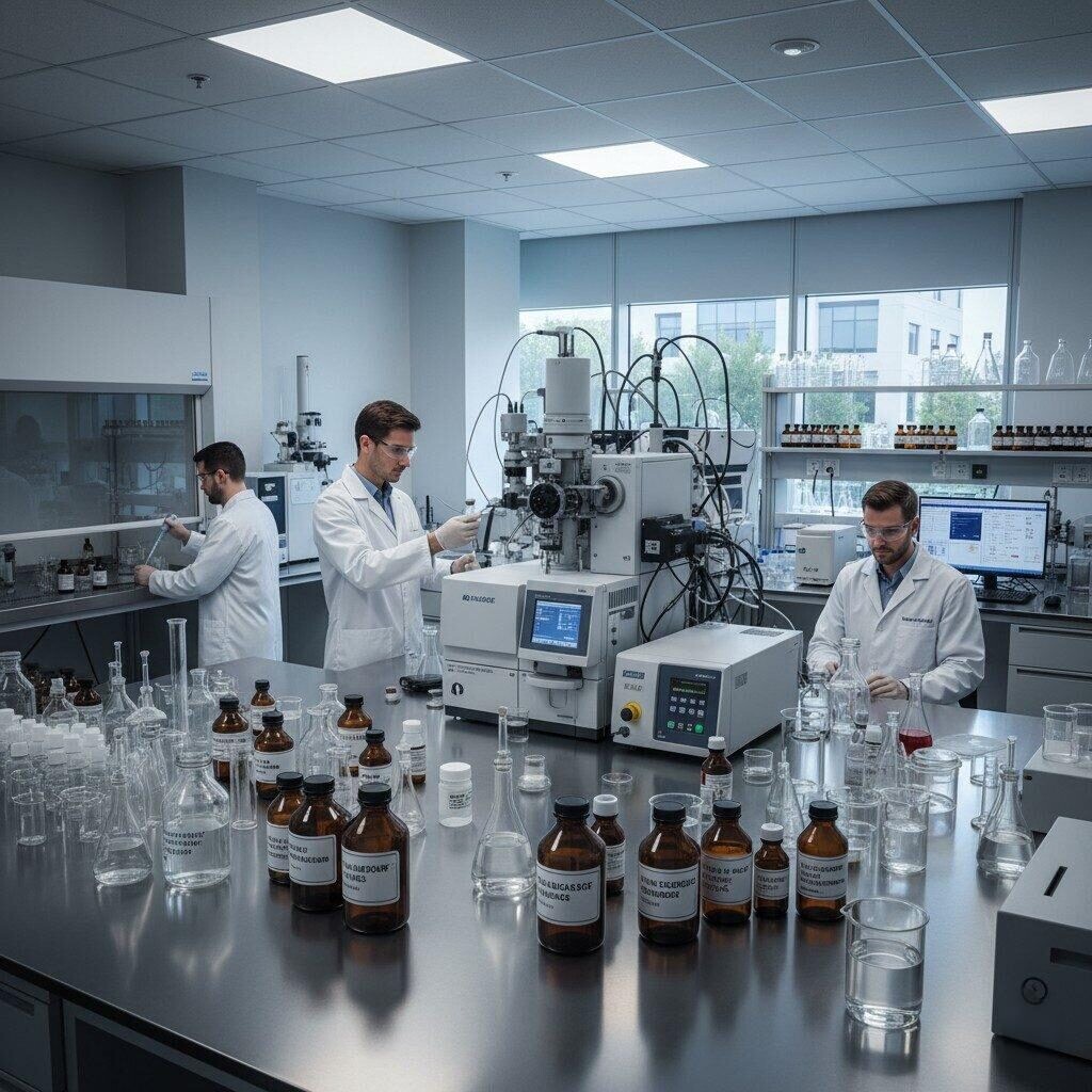 A realistic scene inside a professional e-liquid flavor laboratory, where chemists in lab coats meticulously analyze aromatic compounds using advanced chromatographic equipment (GC-MS). The lab features numerous bottles labeled "PG/VG Base" and "Flavor Concentrate," reflecting an atmosphere of innovation, cleanliness, and technical precision in e-liquid development.