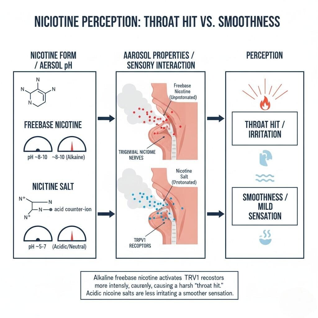  A detailed diagram explaining how nicotine form (freebase vs. salt), aerosol pH, and the activation of sensory nerves like TRPV1 and trigeminal receptors interact to create the perception of "throat hit" or smoothness in nicotine delivery.