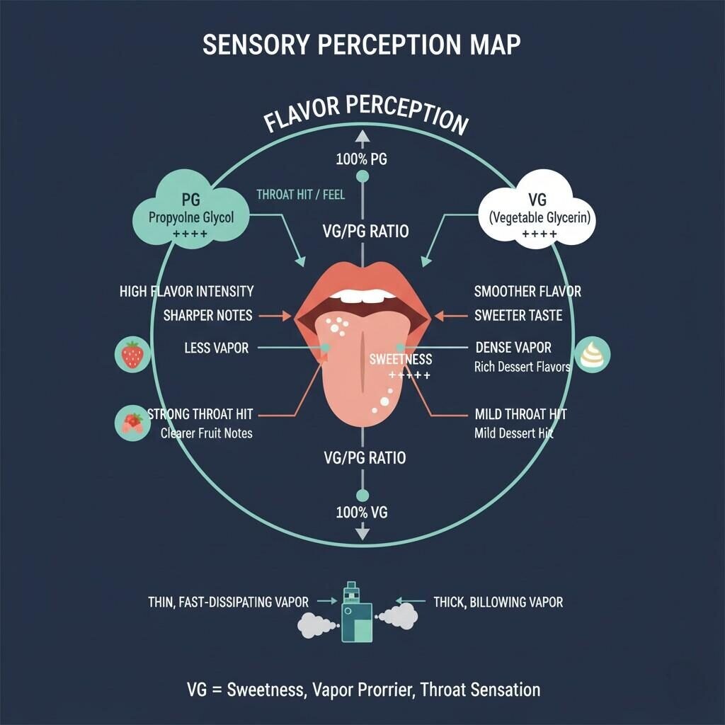 A sensory perception map illustrating how different VG/PG ratios in e-liquids impact flavor intensity, sweetness, throat hit, and vapor production. The diagram highlights the characteristics of high PG (sharper notes, strong throat hit) versus high VG (smoother flavor, denser vapor).