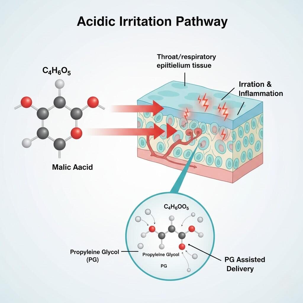 A detailed infographic illustrating the "Acidic Irritation Pathway." It shows a chemically accurate Malic Acid molecule entering a cross-section of human throat/respiratory epithelium, with arrows indicating cellular interaction leading to irritation and inflammation. A magnified section highlights Propylene Glycol (PG) molecules assisting in the delivery of Malic Acid to the cell surface.