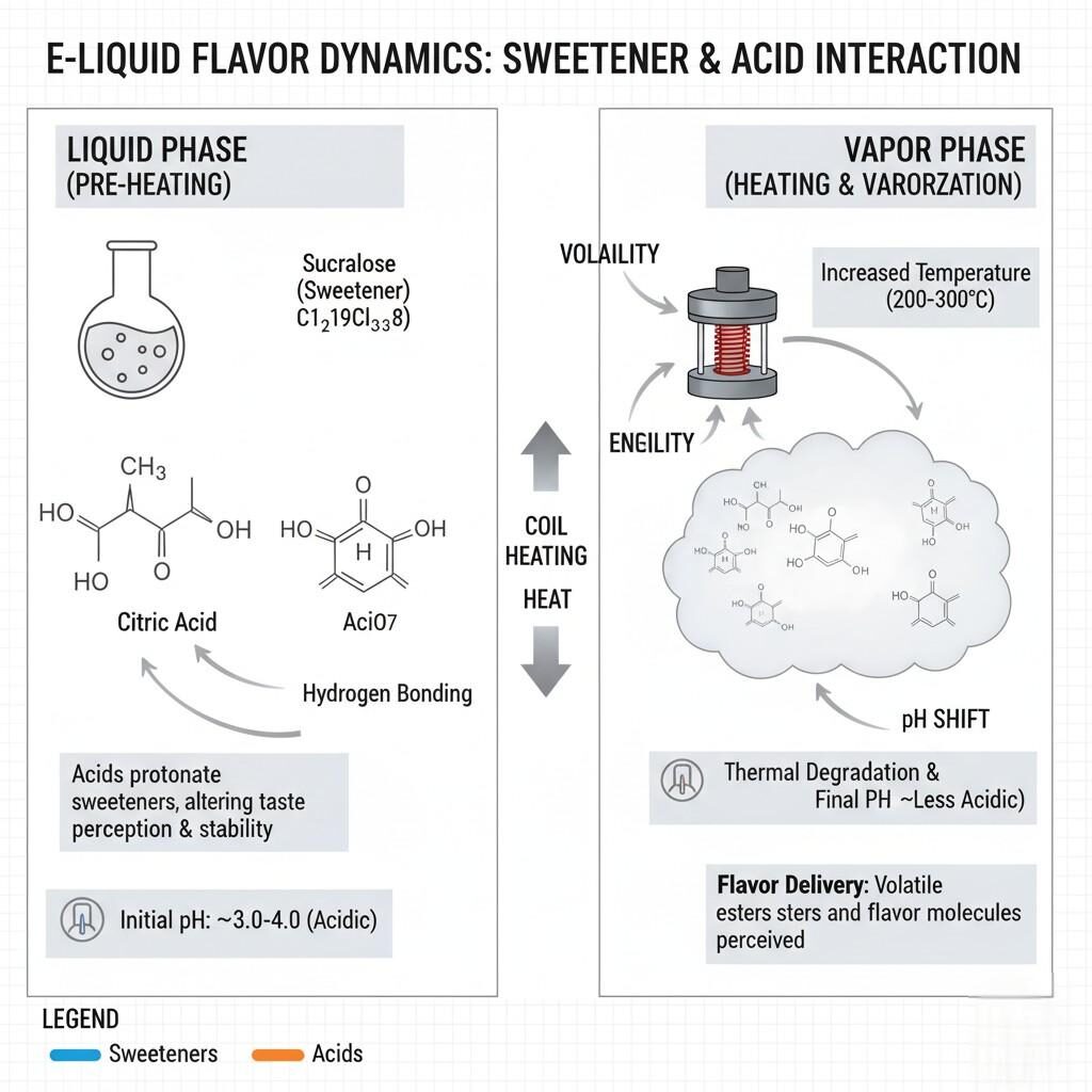 A comprehensive technical diagram illustrating the complex interaction between sweeteners (e.g., Sucralose) and acids (e.g., Citric Acid) within an e-liquid matrix. Explore pH changes, volatility effects during coil heating, and the resulting impact on flavor delivery and stability, presented in a professional scientific poster style.