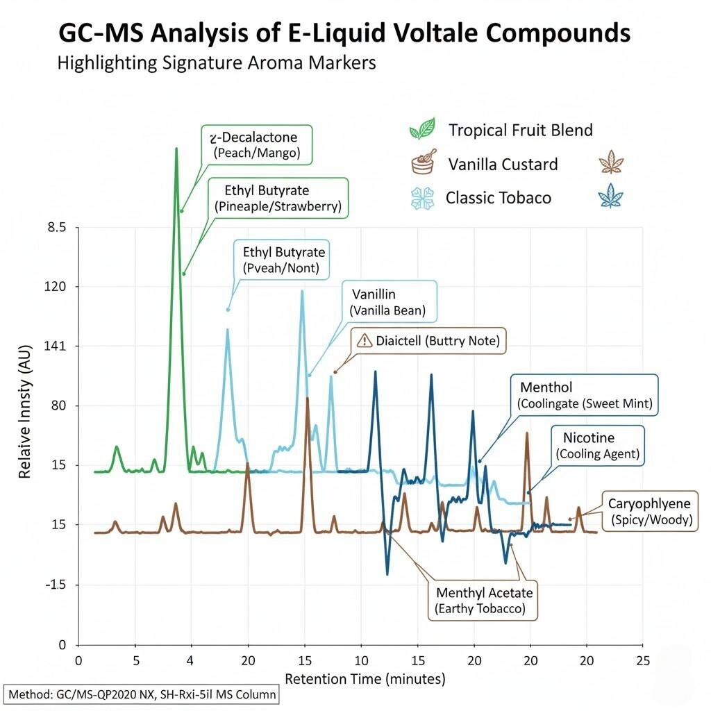 A detailed GC-MS analysis graph illustrating the volatile compound profiles of various e-liquid formulations. The graph is annotated to highlight unique aroma markers such as Z-Decalactone, Ethyl Butyrate, Vanillin, Menthol, and Caryophyllene, revealing the chemical signatures of different "signature" vape blends.