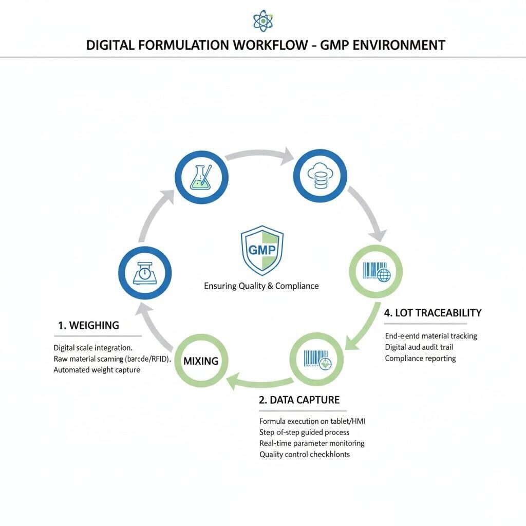 This diagram illustrates a comprehensive digital formulation workflow in a GMP (Good Manufacturing Practice) environment, highlighting key steps: precise weighing, efficient mixing, robust data capture for real-time monitoring, and seamless lot traceability, all designed to ensure quality and compliance.