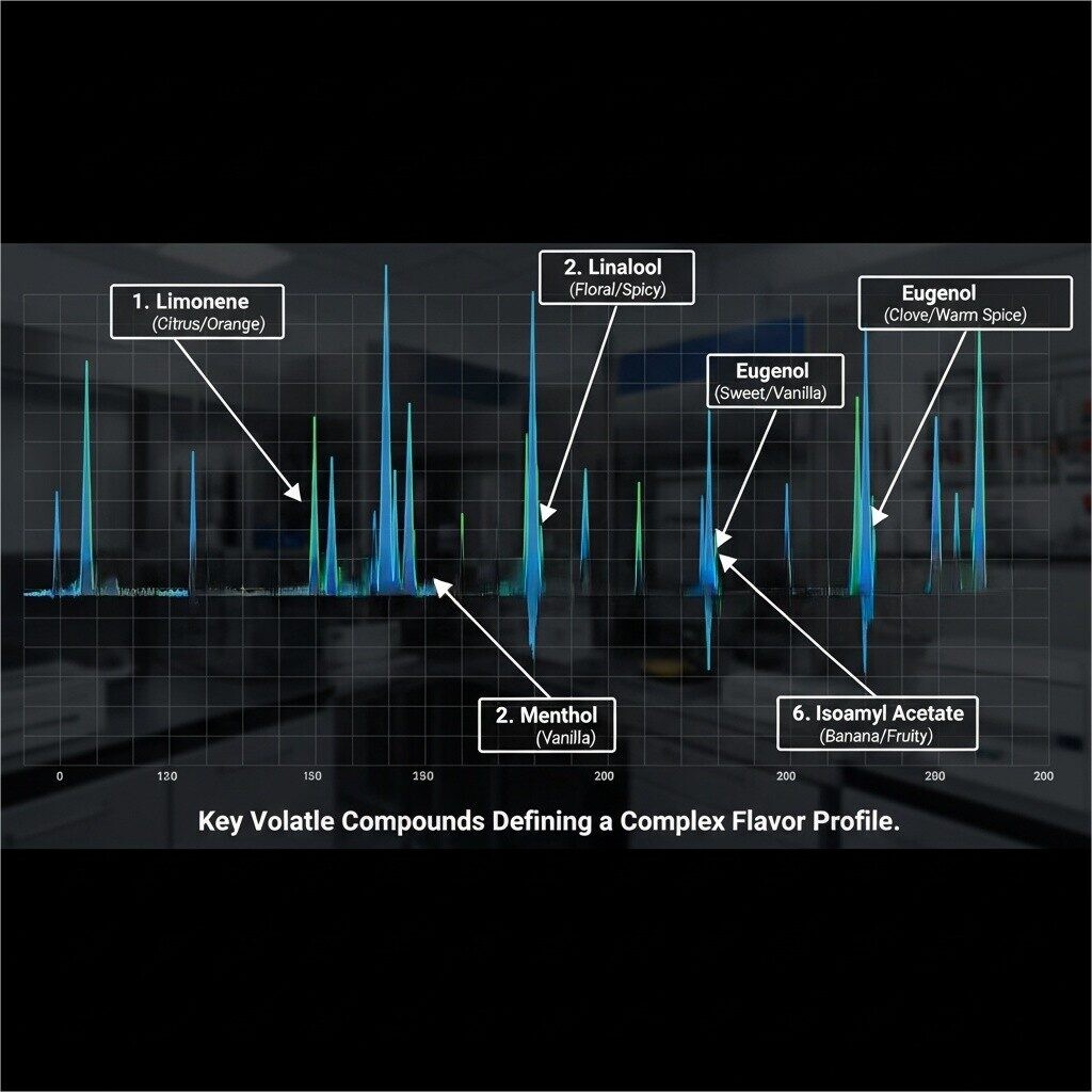 An annotated GC-MS chromatogram visually identifying six key volatile compounds—Limonene (citrus/orange), Linalool (floral/spicy), Menthol (vanilla), Eugenol (sweet/vanilla & clove/warm spice), and Isoamyl Acetate (banana/fruity)—showcasing their unique contributions to a complex flavor profile. This image highlights the analytical precision in understanding and developing flavors.